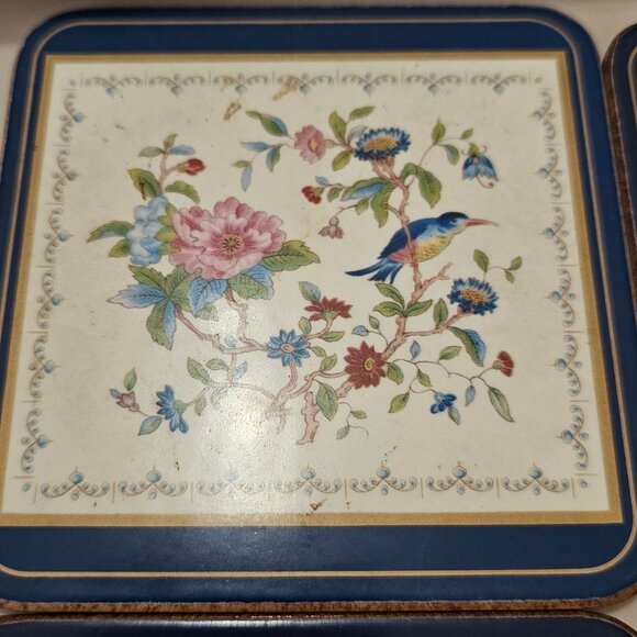 6 Ansley Pembroke Coaster set 4" England floral bird cork backed home bar vtg - Picture 7 of 9